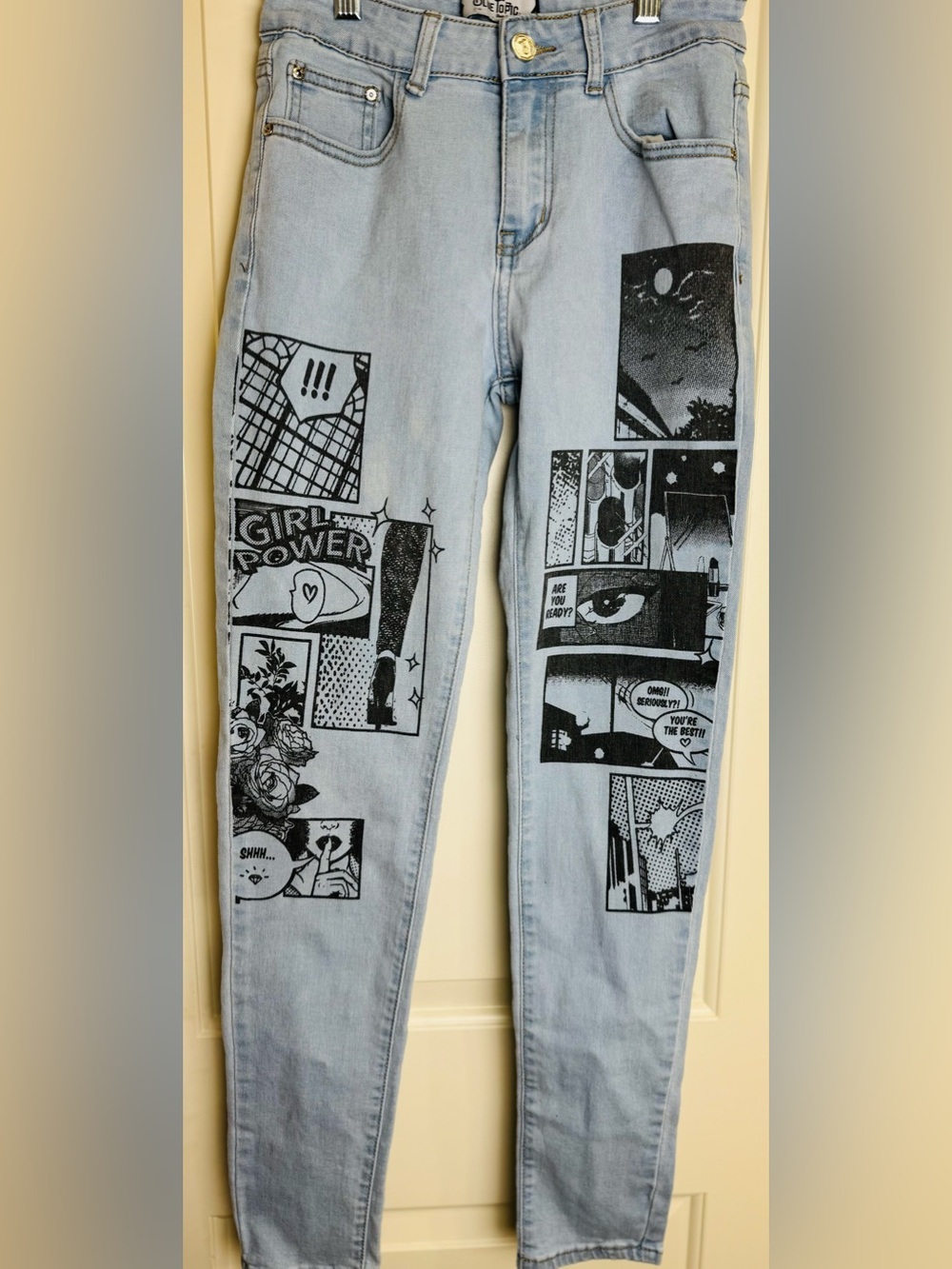 Blue Topic Girl Power Comic Graphic Skinny Jeans Juniors 3/4 Y2K